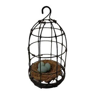 Vintage Metal Wire Cage With Bird Nest & Eggs Farmhouse Rustic Hanging Decor